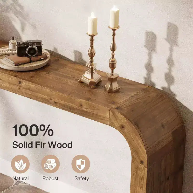 Lantine 70.87-Inch Solid Wood Console Table, Farmhouse Sofa Table with Waterfall Corners for Hallway, Living Room, Behind Couch, Natural Wood