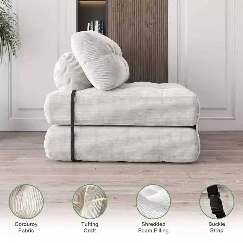 Zusammenklappbares Cord-Schlafsofa als Futon in Full-Größe, umwandelbarer Bodenschlafsessel mit Kissen und Rückenstütze