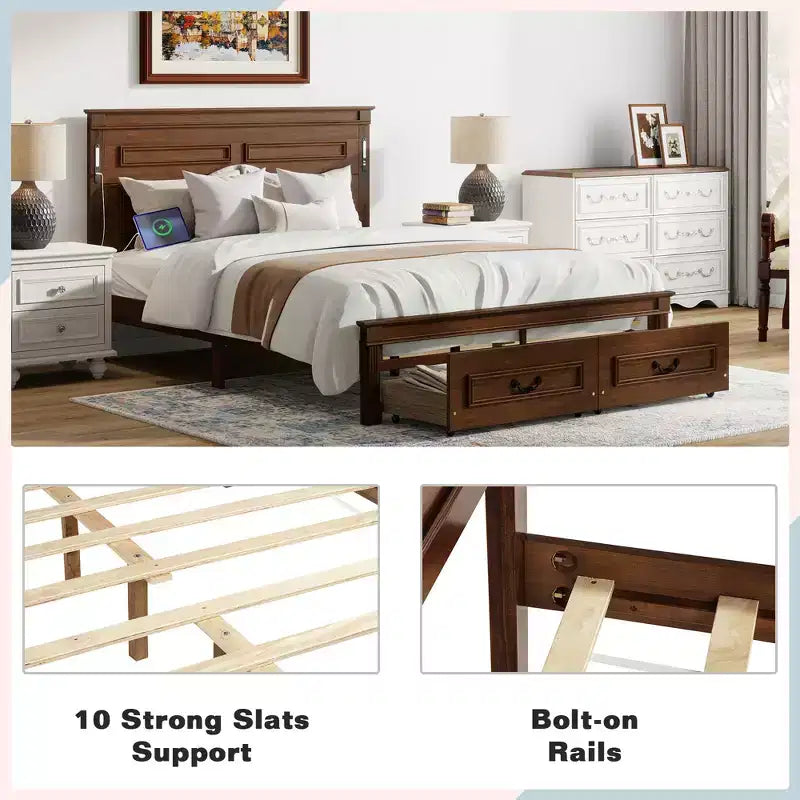 ModernLuxe Queen/King Size Platform Bed with Tall Headboard, Rustic Wood Bed Frame with 2 Drawers, LED Lights & USB Ports