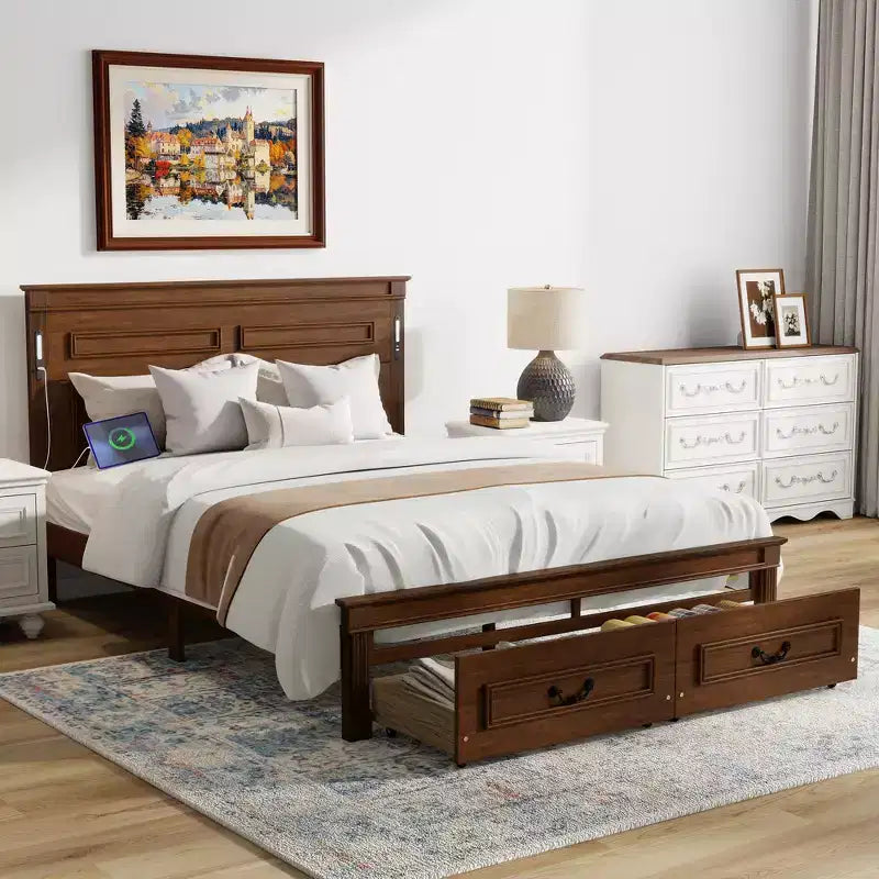 ModernLuxe Queen/King Size Platform Bed with Tall Headboard, Rustic Wood Bed Frame with 2 Drawers, LED Lights & USB Ports