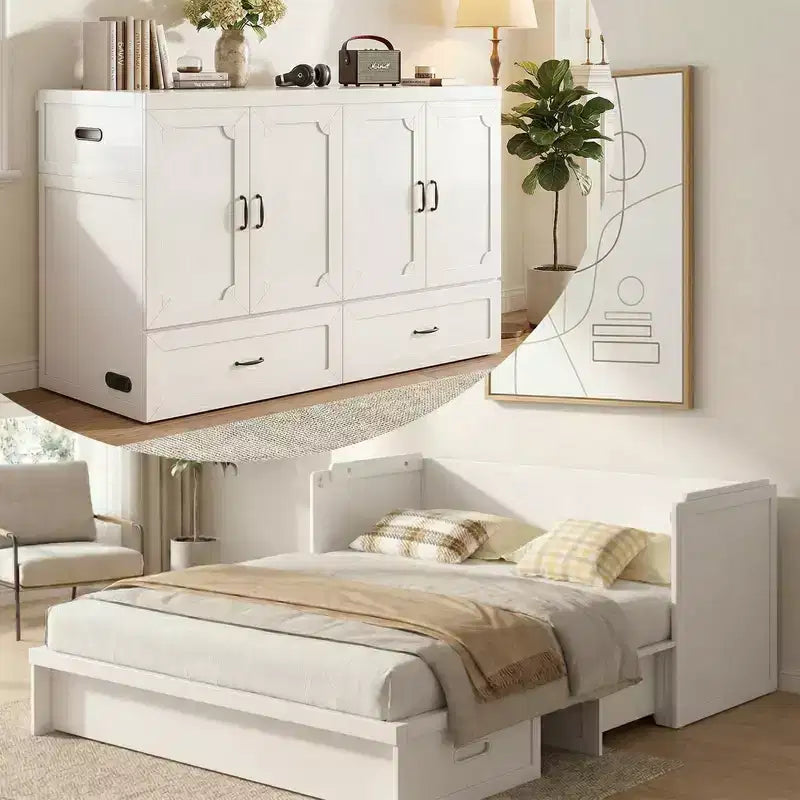 Letto armadio trasformabile Murphy Queen Size Mjkone con materasso, ricarica USB e cassetti contenitori