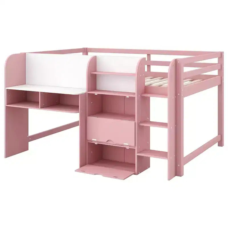 Letto a soppalco basso rosa/bianco con scrivania, contenitore e lavagna - Singolo, 1 posto