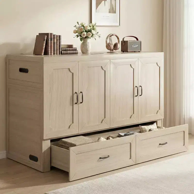 Letto armadio trasformabile Murphy Queen Size Mjkone con materasso, ricarica USB e cassetti contenitori