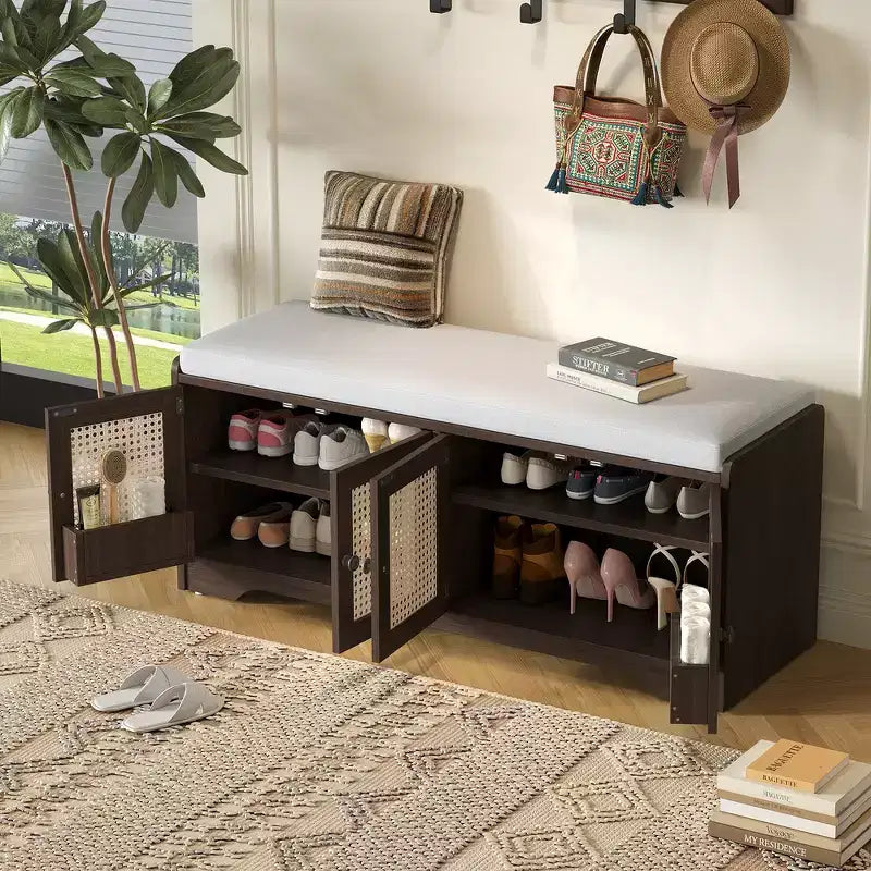 Panca contenitore in legno rustico Whisen, panca portascarpe per ingresso con cuscino rimovibile e ripiani regolabili