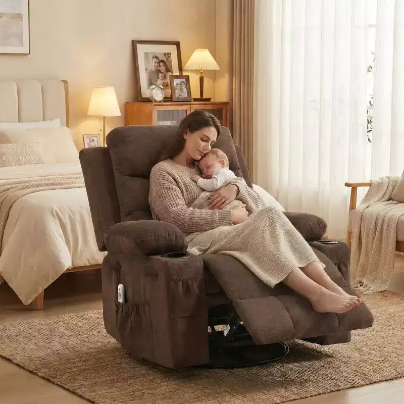 Siġġu recliner kbir li jdur 360 u jitbandal, bil-massaġġi u s-sħana - siġġu ergonomiku għar-rilassament b'holders għat-tazzi u bwiet tal-ġenb għall-kamra tal-għixien u l-mixtla