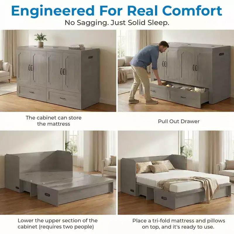 Letto armadio trasformabile Murphy Queen Size Mjkone con materasso, ricarica USB e cassetti contenitori