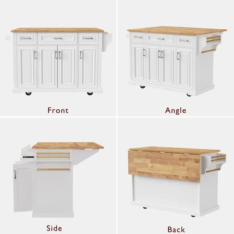 Grande isola da cucina con piano ribaltabile in legno, carrello da cucina con texture goffrata, ante e cassetti, spazio contenitore, bianca