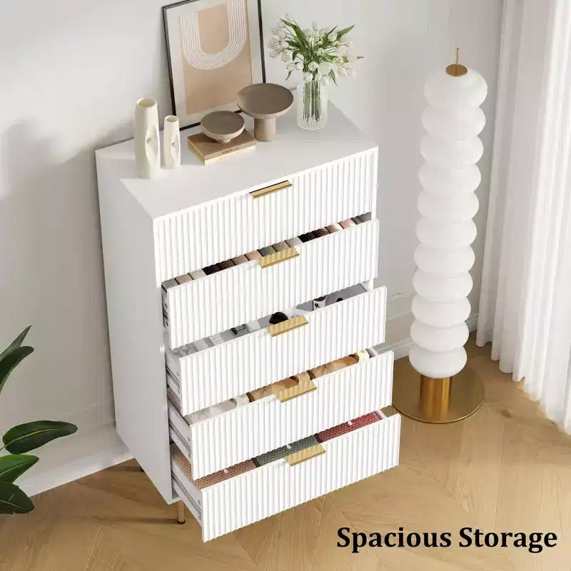 Cassettiera a 5 cassetti Bianca / Marmo e Legno – Pannello scanalato, per 1 persona