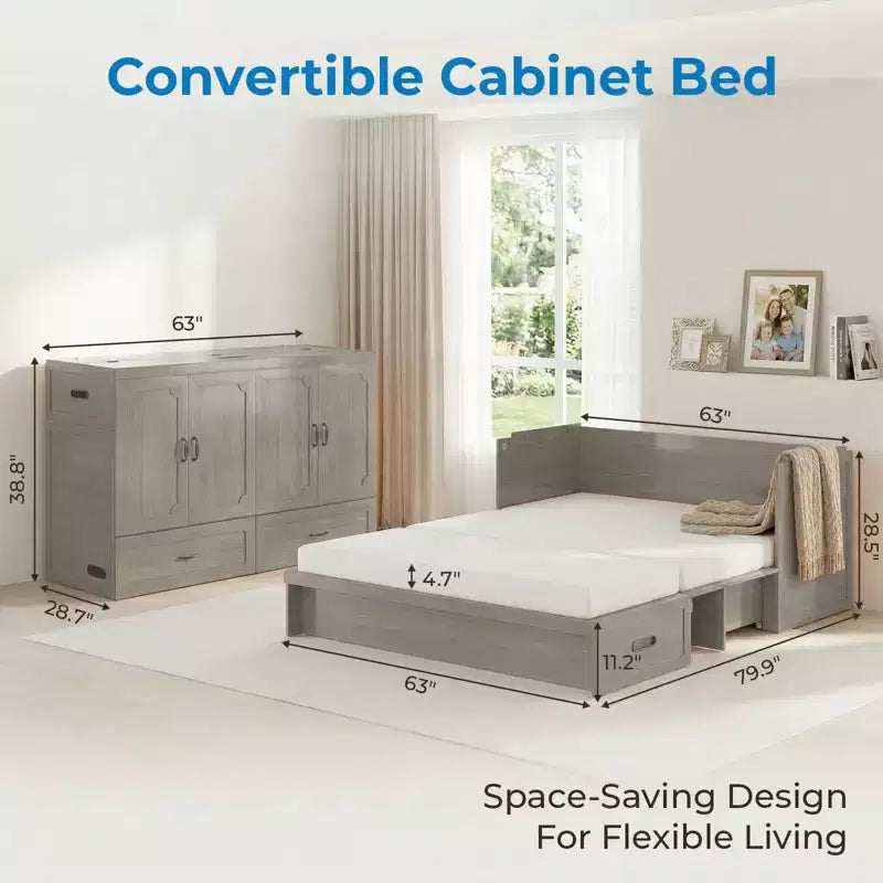 Letto armadio trasformabile Murphy Queen Size Mjkone con materasso, ricarica USB e cassetti contenitori