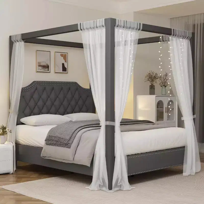 Struttura letto a baldacchino Queen Size con pali e supporti angolari a 4 punti, doghe in legno massello, senza necessità di rete a molle, silenziosa