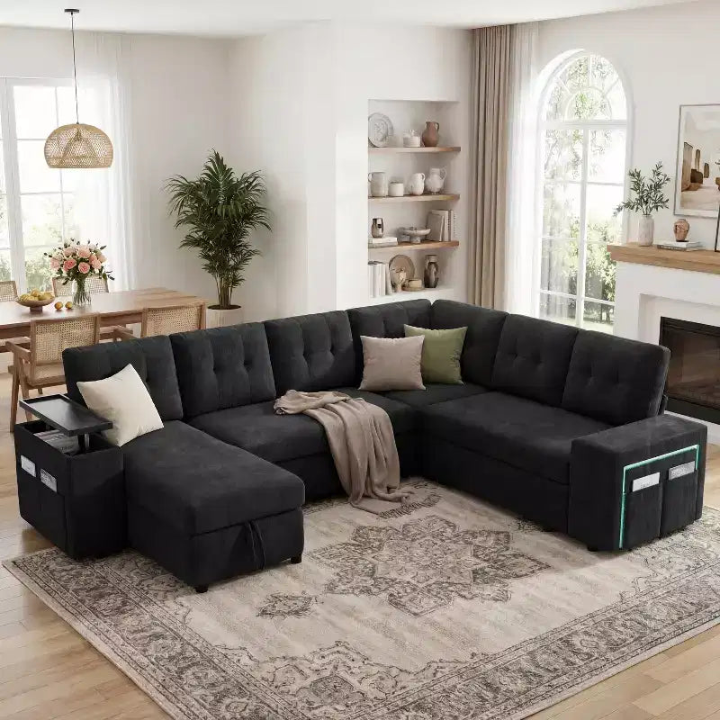 Dyonery 112 Modular Sectional Sleeper Sofa with Pull Out Bed,U-Shaped Sectional Couch with Storage,Extra Wide & Deep Seat Couches for Living Room