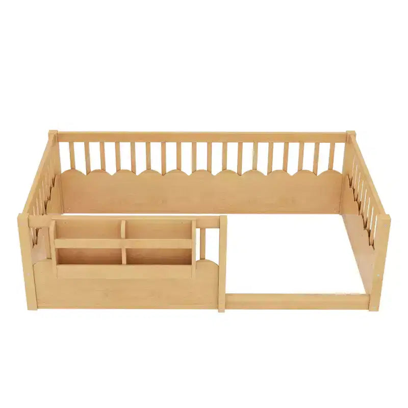 Letto a terra per bambini Bellemave con recinzione rialzata e libreria, struttura letto matrimoniale in legno Montessori per bambine e bambini