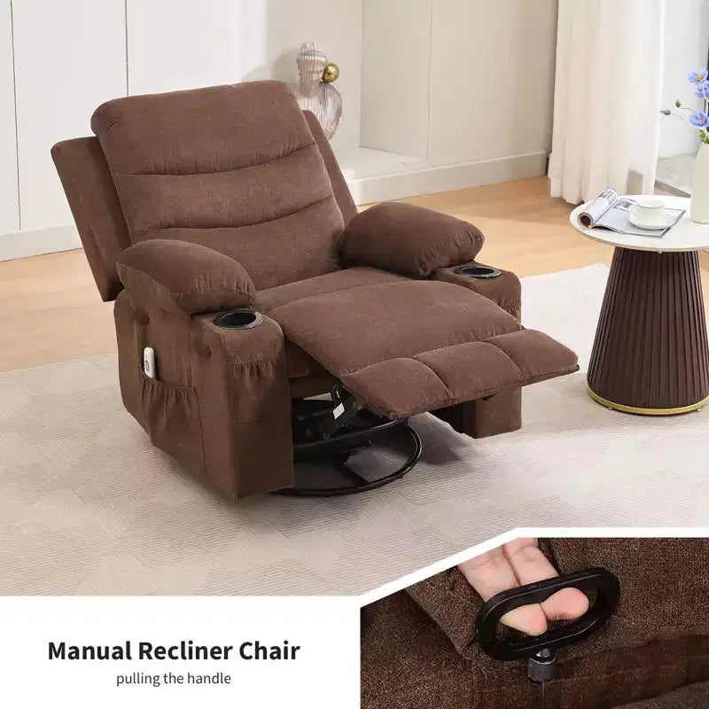 Siġġu recliner kbir li jdur 360 u jitbandal, bil-massaġġi u s-sħana - siġġu ergonomiku għar-rilassament b'holders għat-tazzi u bwiet tal-ġenb għall-kamra tal-għixien u l-mixtla
