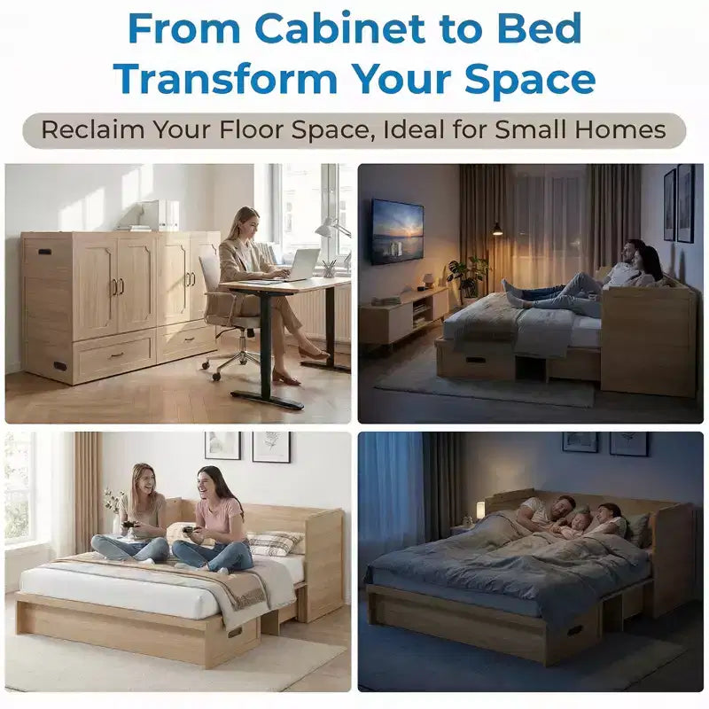 Letto armadio trasformabile Murphy Queen Size Mjkone con materasso, ricarica USB e cassetti contenitori