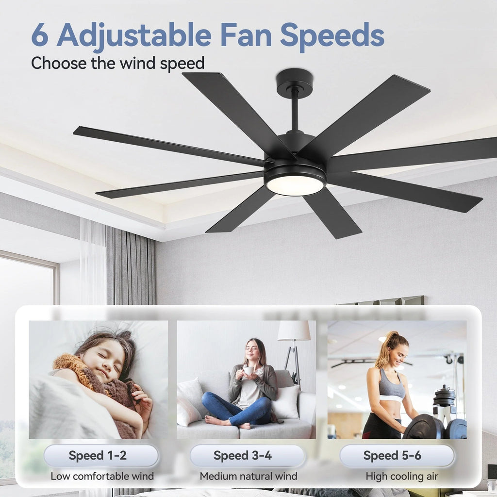 Ventilatore da soffitto nero da 65 pollici con 8 pale, LED, luce e telecomando