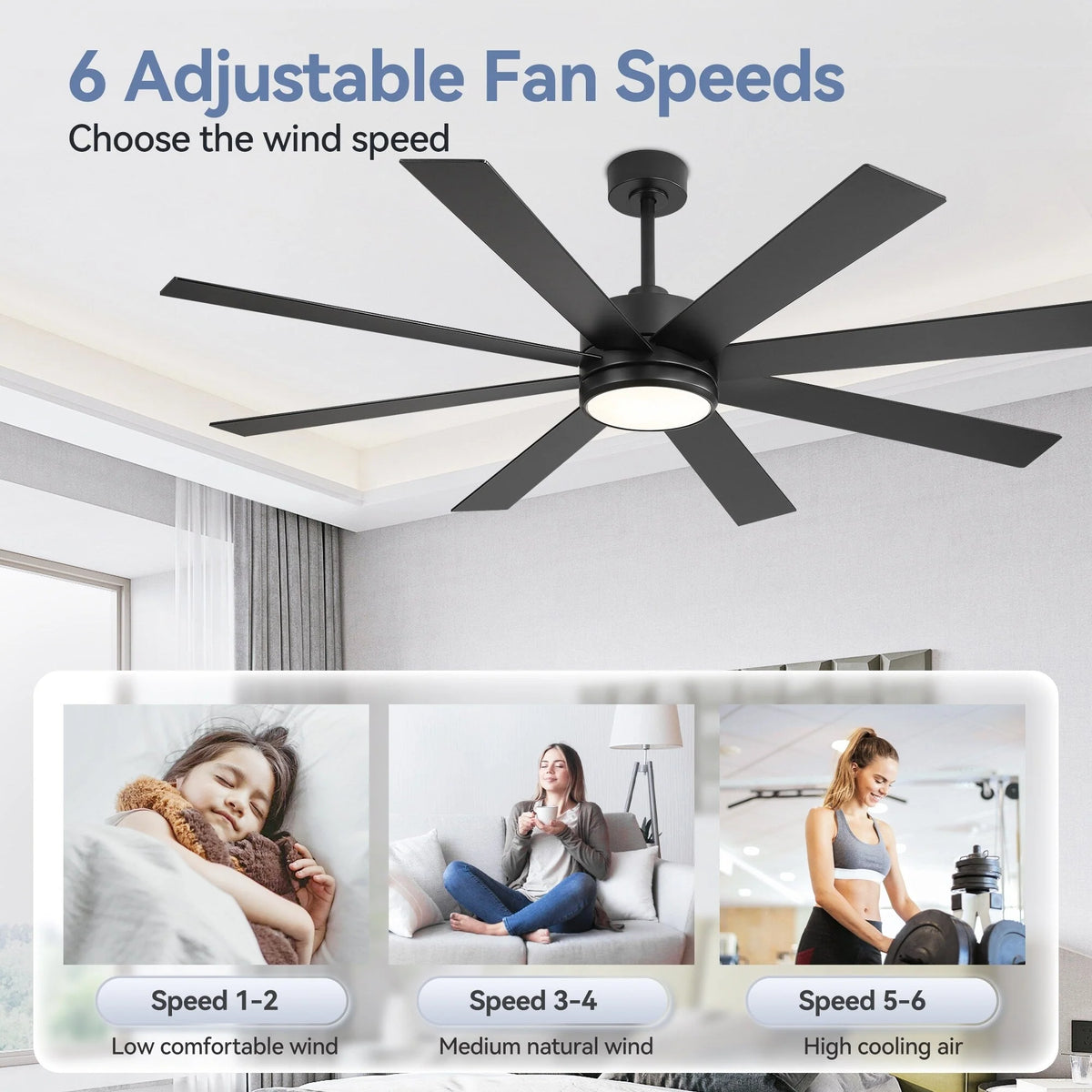 Ventilatore da soffitto nero da 65 pollici con 8 pale, LED, luce e telecomando