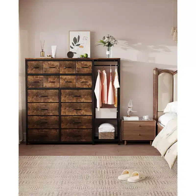 Comò con 16 cassetti e asta appendiabiti e ripiani, organizer per vestiti in tessuto per camera da letto, armadio o ingresso