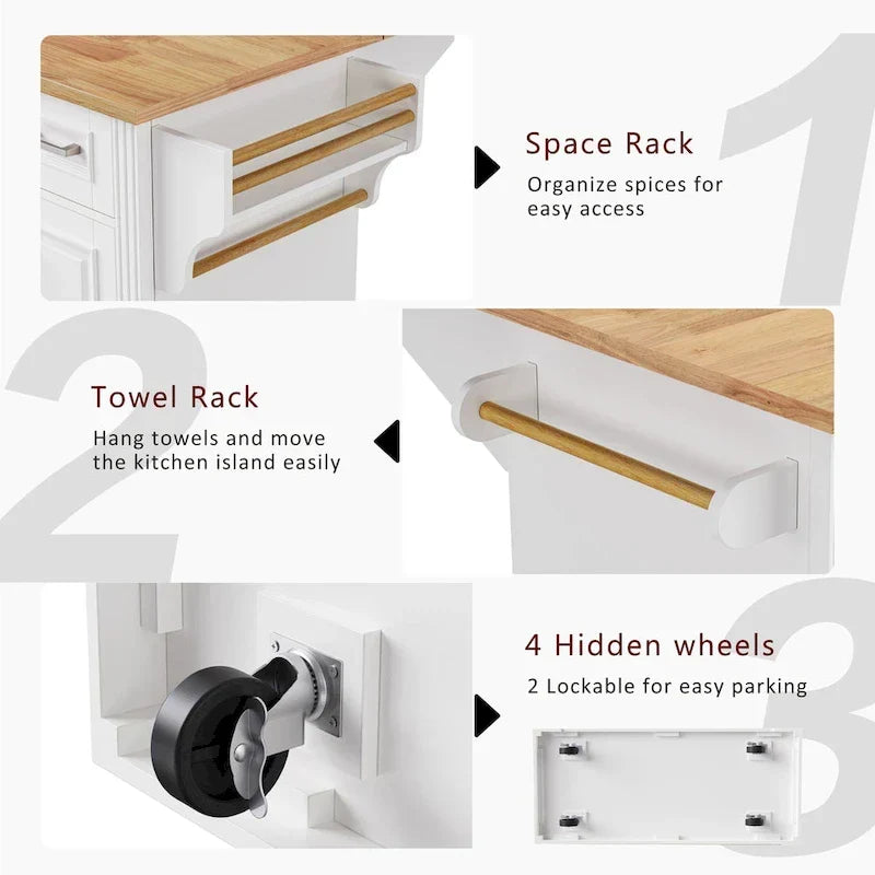 Grande isola da cucina con piano ribaltabile in legno, carrello da cucina con texture goffrata, ante e cassetti, spazio contenitore, bianca