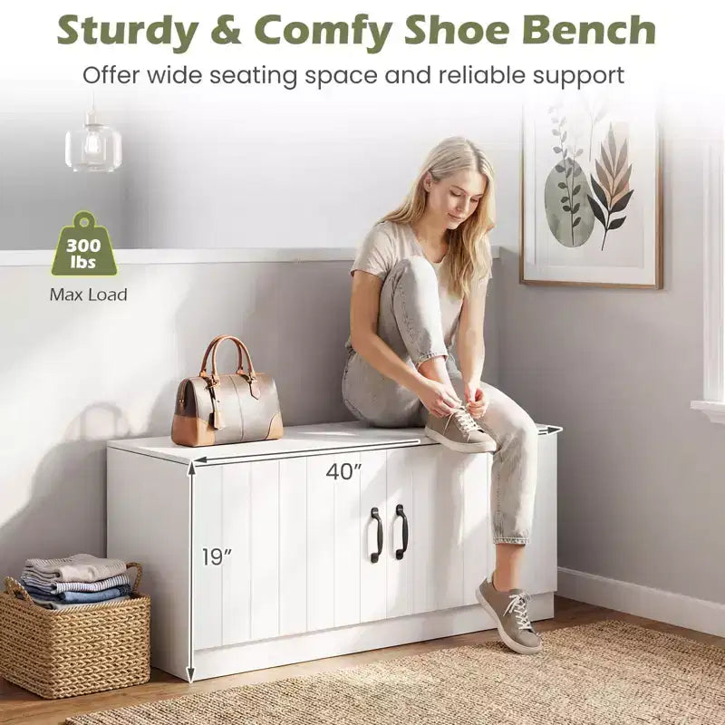 2-Door Shoe Bench wirh Adjustable Shelves Hidden Storage Space Natural + White/Whi5te