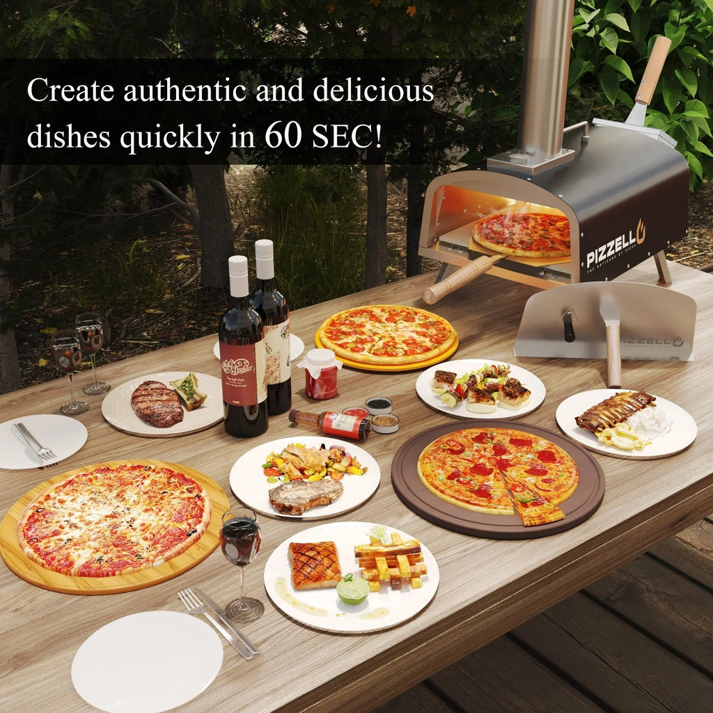 Forn tal-pizza ta’ barra b’diversi fjuwils, apparat għall-pizza moħmija fuq il-ġebel b’berner tal-gass u kaxxa għall-injam - 12-il pulzier