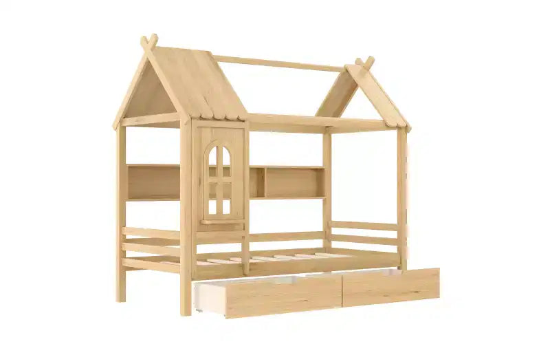 Letto a piattaforma a forma di casetta con cassetti contenitore e finestra, struttura in legno massello con ripiani, design giocoso per bambini, bianco chiaro