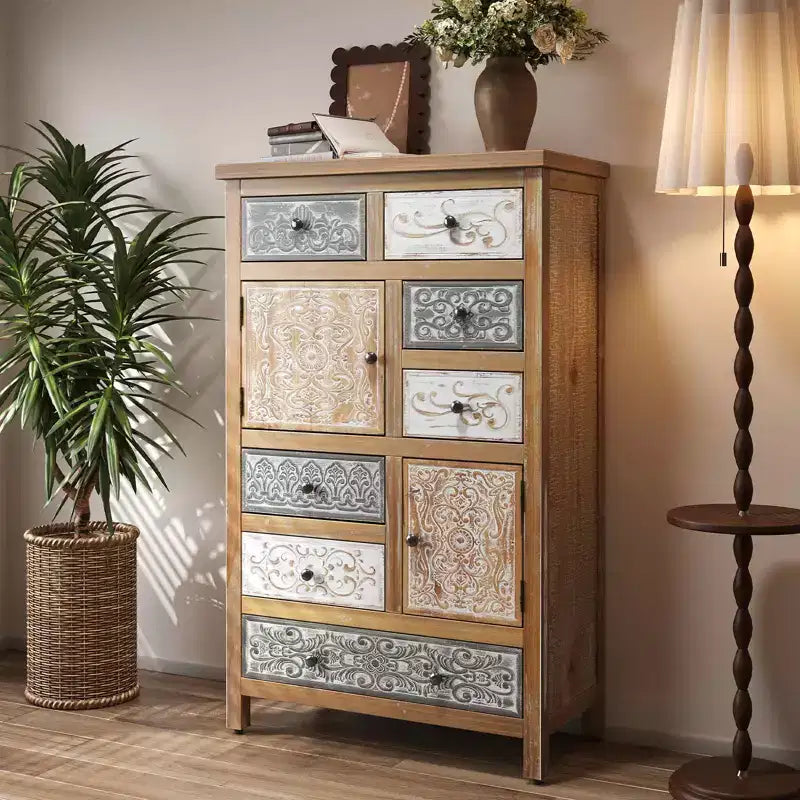 Vintage houten accentkast met 6 laden en 2 kasten, rustieke, veelkleurig gesneden opbergkast voor de woonkamer