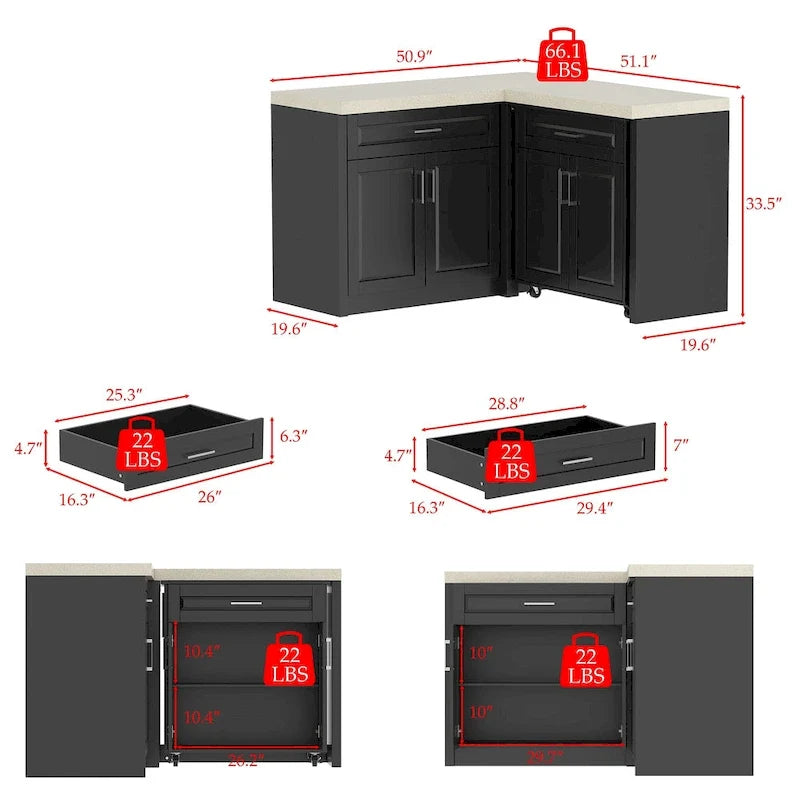 Mobile angolare da cucina efficiente, isola da cucina a L: ampio spazio contenitore con cassetti scorrevoli fluidi, piano di lavoro con protezione UV