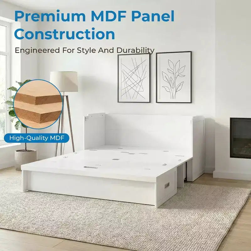 Letto armadio trasformabile Murphy Queen Size Mjkone con materasso, ricarica USB e cassetti contenitori