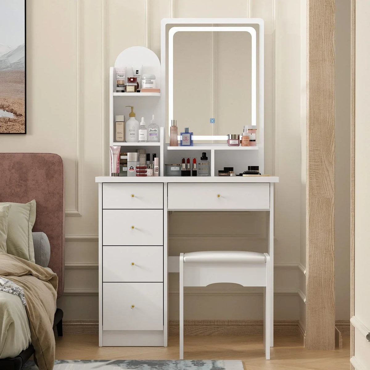 Tavolo da Trucco con Luci a LED, Specchio e Sgabello