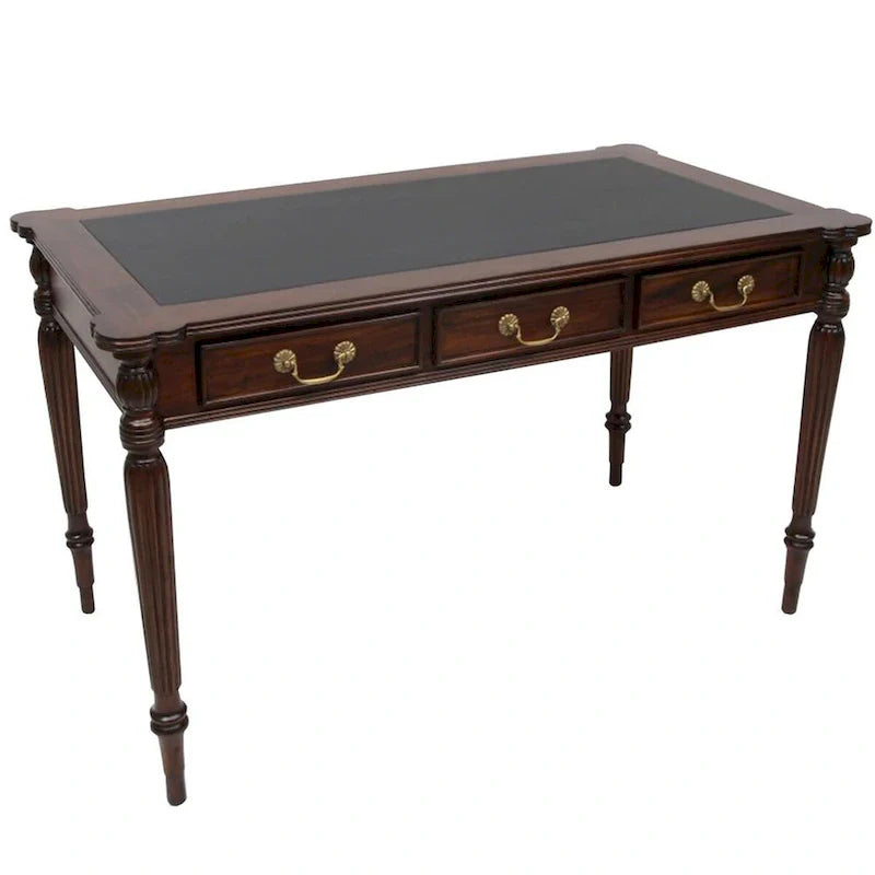 Scrivania in mogano massello in stile vittoriano, marrone scuro / marrone chiaro, con piano in pelle nera e 3 cassetti - unità singola