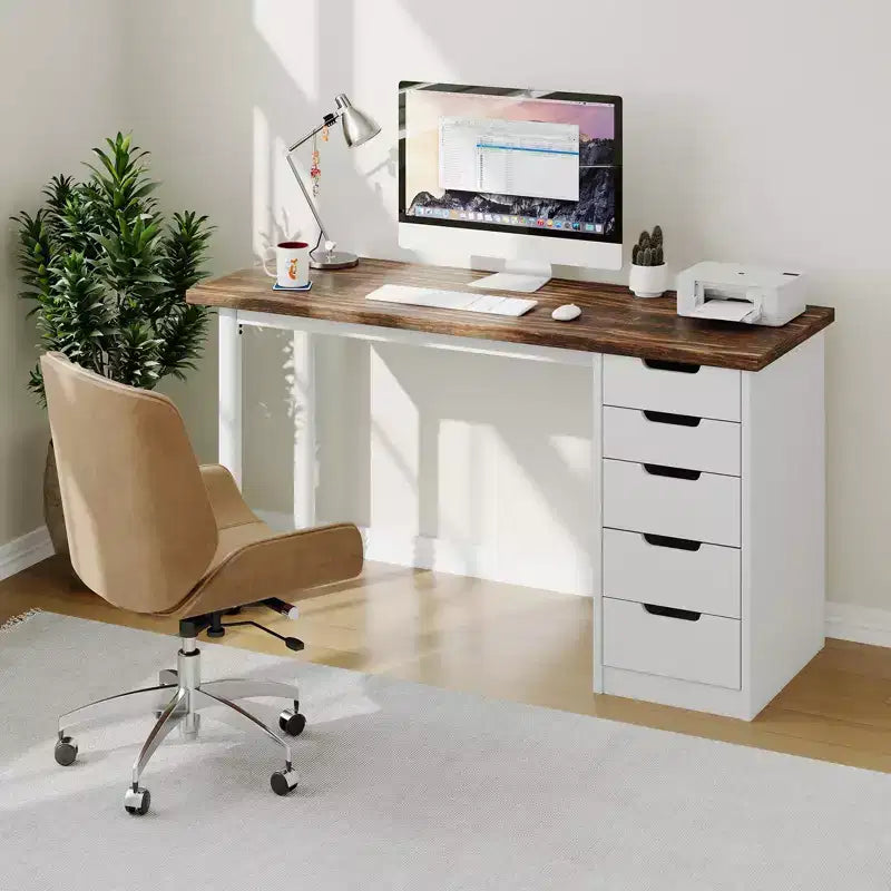 Desk tal-kompjuter ta’ 47 Pulzier b’5 kxaxen għall-ħażna, mejda moderna rustika riversibbli għall-istudju u l-kitba, workstation għall-uffiċċju tad-dar għal spazji żgħar