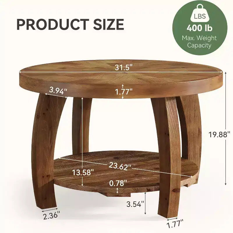 Lantine ronde salontafel van massief hout, 2-laags bijzettafel met opbergruimte, tafelblad van 31,5 inch met mozaïekpatroon, eenvoudige montage, voor de woonkamer, bruin