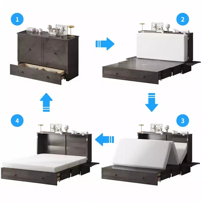 Letto a scomparsa queen Mjkone, letto a cubo con armadio contenitore, stazione di ricarica e spazio portaoggetti